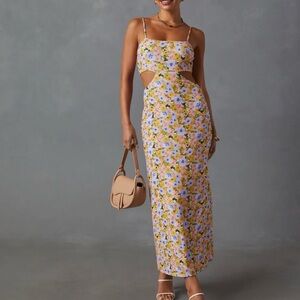 Floral Maxi Dress with Spaghetti Straps - Pink, Yellow & Lavender